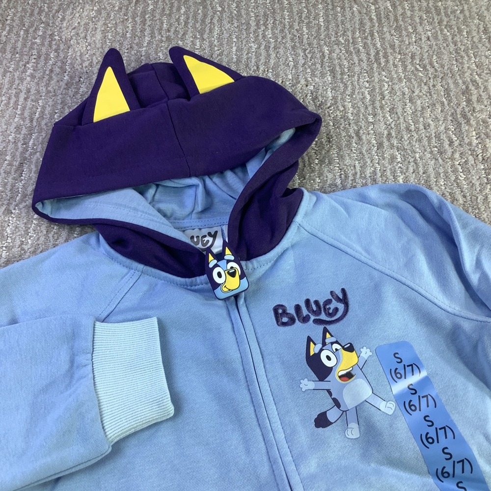 Bluey Character Kids French Terry Jacket Hoodie Ears Blue Size 6/7‎ New